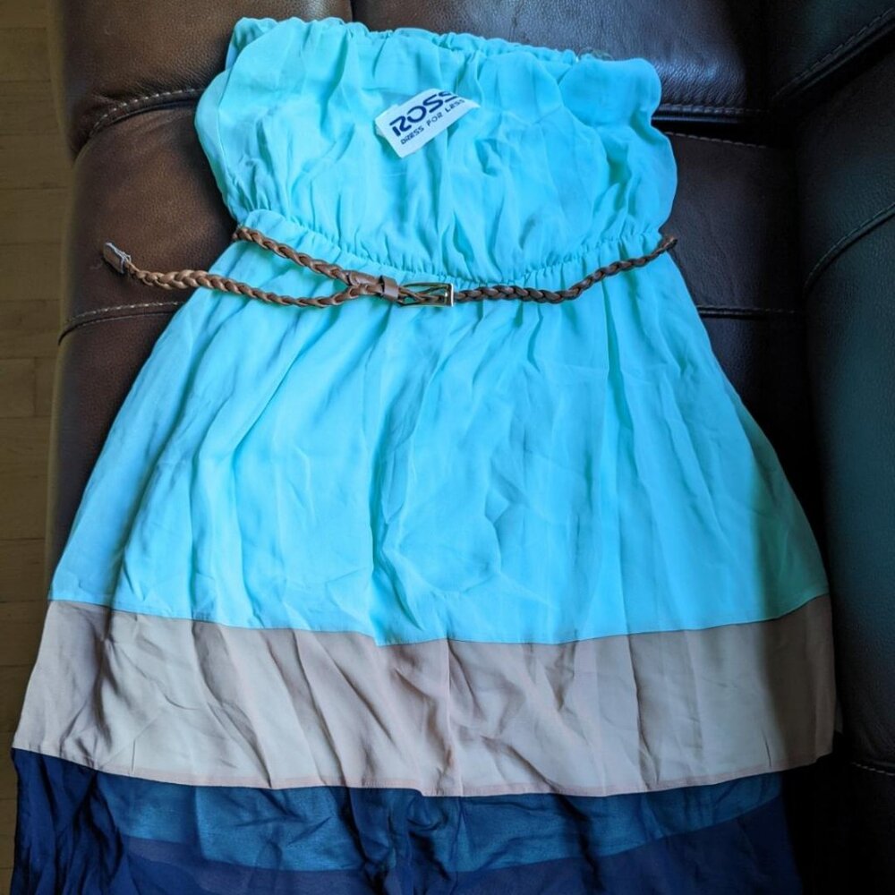 Pretty Love Andrea Strapless Tri-Color Dress with a Brown Belt, Size M.